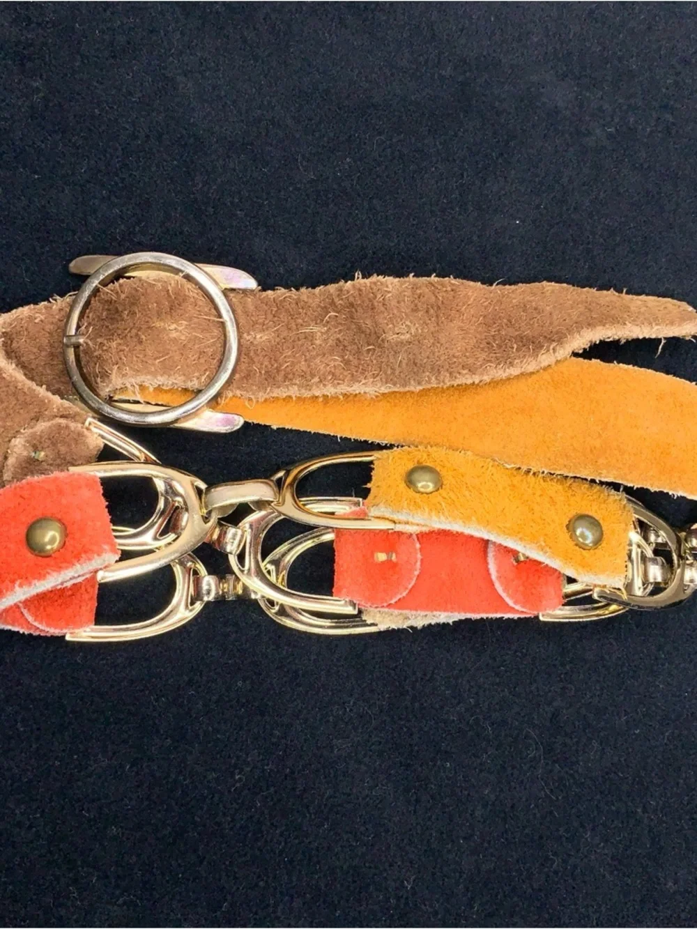 Vintage Small Western Belt Leather Multitone Red Tan Brown Gold Buckle Boho